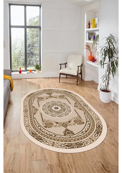 Modern Klasik Dijital Kaymaz Taban Yıkanabilir Oval Yolluk Salon Halısı, O-Klasik-17-Kahve, modelleri