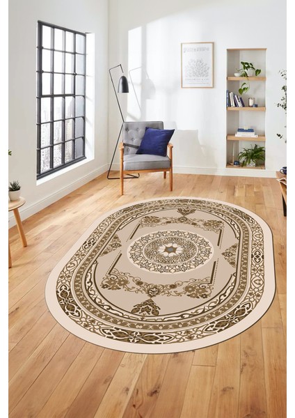 Modern Klasik Dijital Kaymaz Taban Yıkanabilir Oval Yolluk Salon Halısı, O-Klasik-17-Kahve, indirimleri