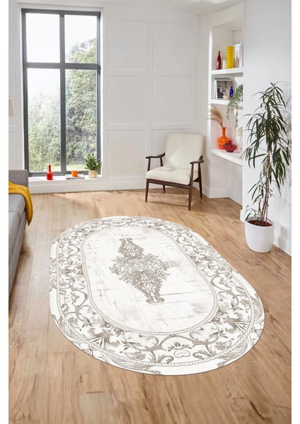 Göbekli Klasik Motifli Dijital Kaymaz Yıkanabilir Oval Yolluk Salon Halısı, O-Klasik-28-Krem,