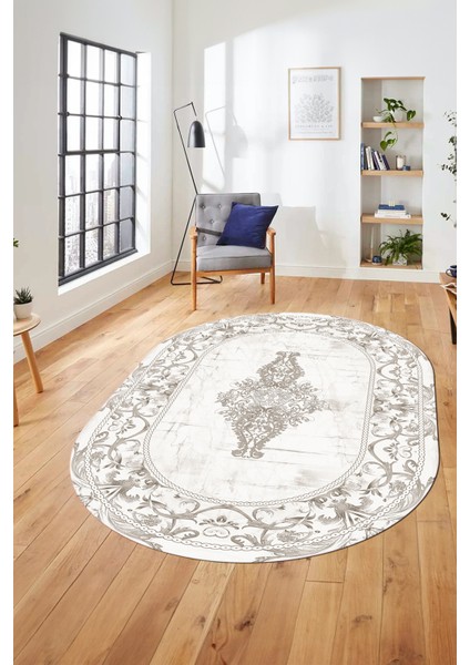 Göbekli Klasik Motifli Dijital Kaymaz Yıkanabilir Oval Yolluk Salon Halısı, O-Klasik-28-Krem, modelleri