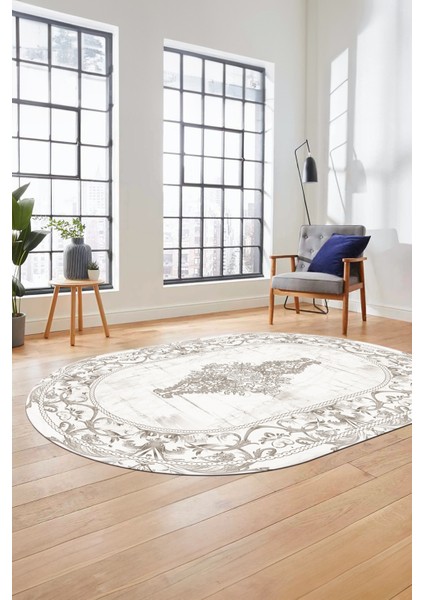 Göbekli Klasik Motifli Dijital Kaymaz Yıkanabilir Oval Yolluk Salon Halısı, O-Klasik-28-Krem, fırsatları