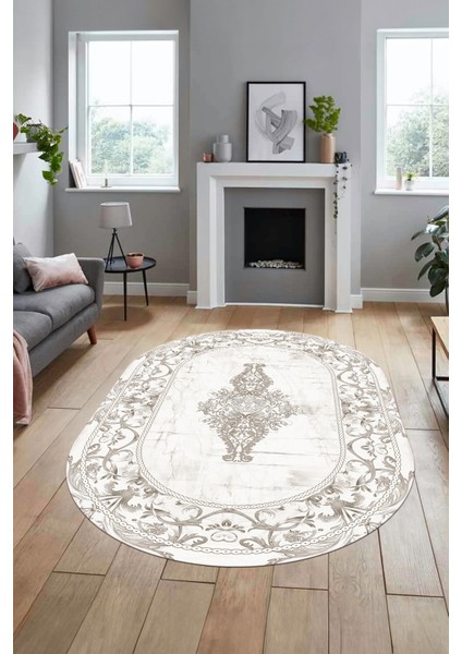Göbekli Klasik Motifli Dijital Kaymaz Yıkanabilir Oval Yolluk Salon Halısı, O-Klasik-28-Krem, indirimleri
