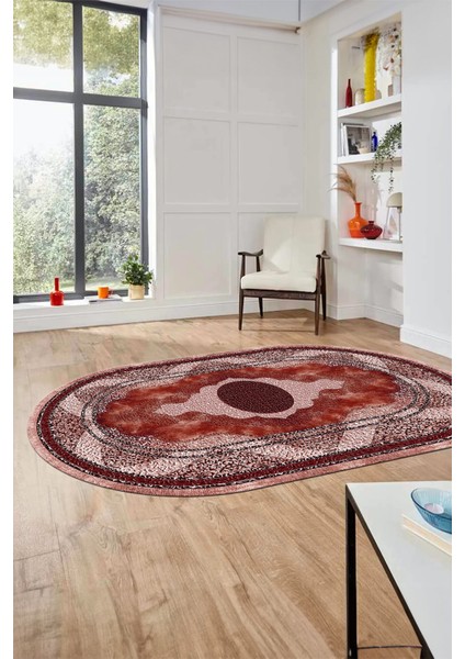 Göbekli Klasik Desen Dijital Kaymaz Yıkanabilir Oval Yolluk Mutfak Salon Halısı, O-Klasik-24-Bordo, modelleri