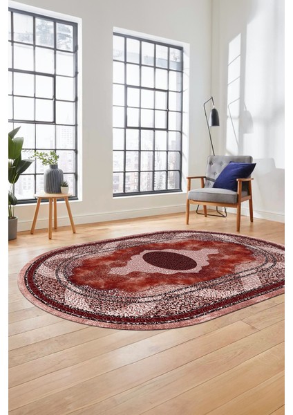 Göbekli Klasik Desen Dijital Kaymaz Yıkanabilir Oval Yolluk Mutfak Salon Halısı, O-Klasik-24-Bordo, indirimleri
