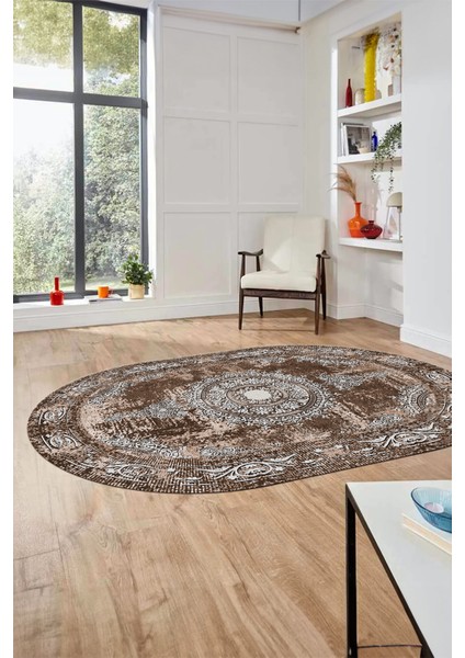 Göbekli Klasik Desen Dijital Kaymaz Yıkanabilir Oval Yolluk Salon Halısı, O-Klasik-25-Kahve, fiyatları