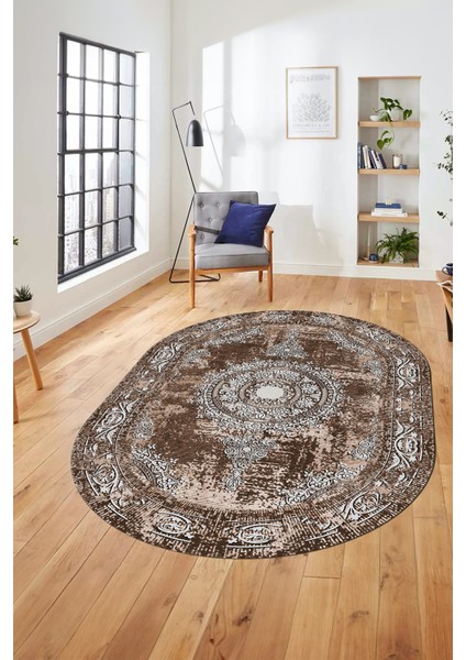 Göbekli Klasik Desen Dijital Kaymaz Yıkanabilir Oval Yolluk Salon Halısı, O-Klasik-25-Kahve, modelleri