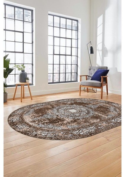 Göbekli Klasik Desen Dijital Kaymaz Yıkanabilir Oval Yolluk Salon Halısı, O-Klasik-25-Kahve, fırsatları
