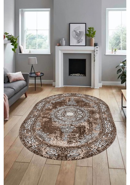 Göbekli Klasik Desen Dijital Kaymaz Yıkanabilir Oval Yolluk Salon Halısı, O-Klasik-25-Kahve, indirimleri