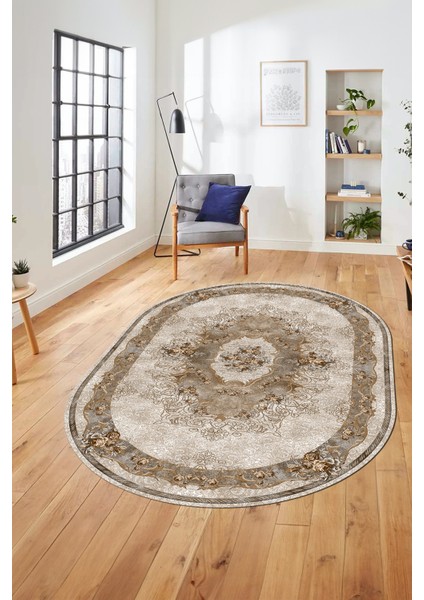 Çiçekli Klasik Motifli Dijital Kaymaz Yıkanabilir Oval Yolluk Salon Halısı, O-Klasik-29-Kahve, fiyatları