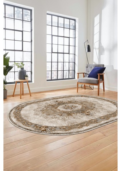 Çiçekli Klasik Motifli Dijital Kaymaz Yıkanabilir Oval Yolluk Salon Halısı, O-Klasik-29-Kahve, modelleri