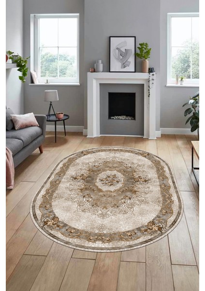 Çiçekli Klasik Motifli Dijital Kaymaz Yıkanabilir Oval Yolluk Salon Halısı, O-Klasik-29-Kahve, fırsatları