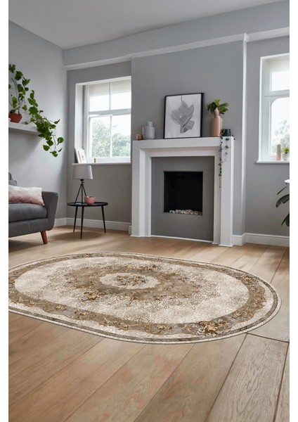 Çiçekli Klasik Motifli Dijital Kaymaz Yıkanabilir Oval Yolluk Salon Halısı, O-Klasik-29-Kahve, indirimleri