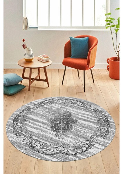 Klasik Desenli Dijital Kaymaz Taban Yıkanabilir Yuvarlak Mutfak Salon Halısı, Y-Klasik-11-Gri,