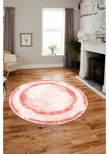 Baskılı Kaymaz Yıkanabilir Çerçeveli Klasik Desen Yuvarlak Mutfak Salon Halısı, Y-Klasik-01-Kırmızı,