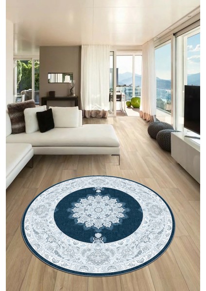 Baskılı Kaymaz Yıkanabilir Göbekli Klasik Desen Yuvarlak Mutfak Salon Halısı, Y-Klasik-03-Mavi, fiyatları