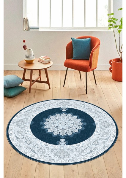 Baskılı Kaymaz Yıkanabilir Göbekli Klasik Desen Yuvarlak Mutfak Salon Halısı, Y-Klasik-03-Mavi, modelleri