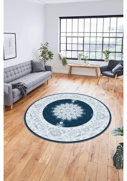 Baskılı Kaymaz Yıkanabilir Göbekli Klasik Desen Yuvarlak Mutfak Salon Halısı, Y-Klasik-03-Mavi, indirimleri