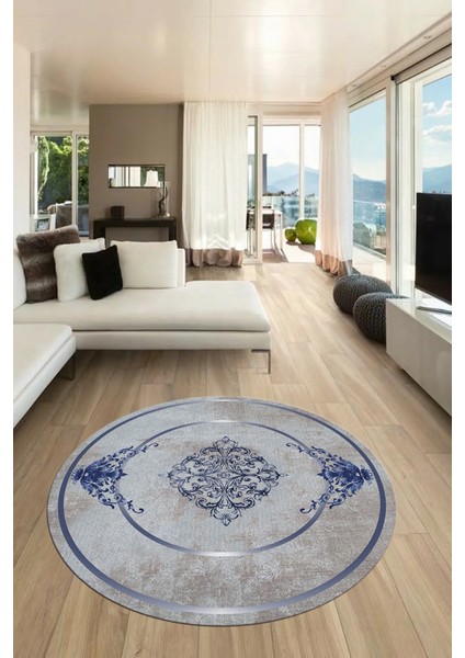 Baskılı Kaymaz Yıkanabilir Çerçeveli Klasik Desen Yuvarlak Mutfak Salon Halısı, Y-Klasik-05-Mavi,