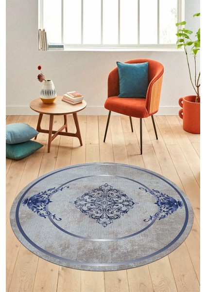 Baskılı Kaymaz Yıkanabilir Çerçeveli Klasik Desen Yuvarlak Mutfak Salon Halısı, Y-Klasik-05-Mavi, fiyatları