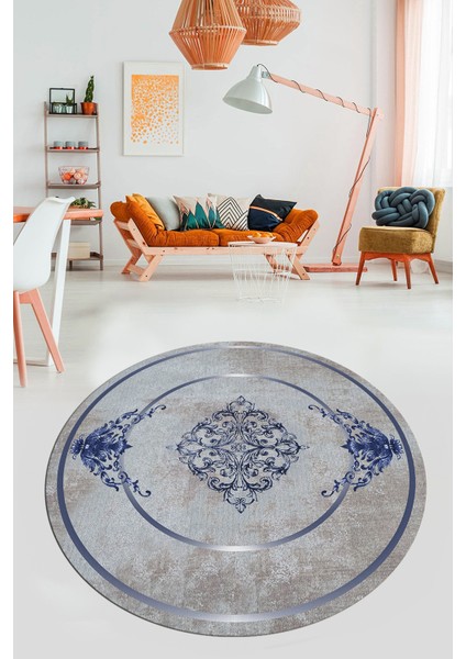 Baskılı Kaymaz Yıkanabilir Çerçeveli Klasik Desen Yuvarlak Mutfak Salon Halısı, Y-Klasik-05-Mavi, modelleri