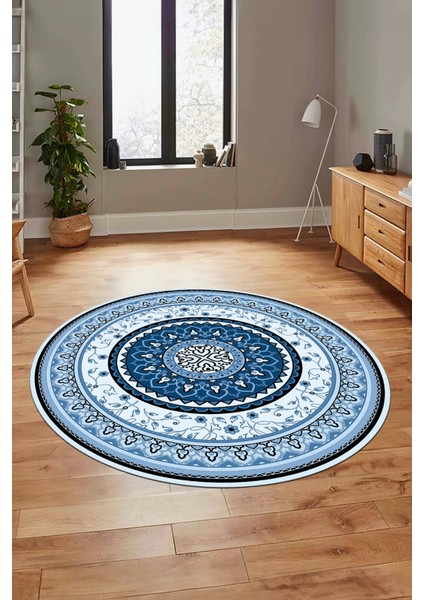 Göbekli Klasik Dijital Kaymaz Taban Yıkanabilir Yuvarlak Mutfak Salon Halısı, Y-Klasik-18-Mavi, modelleri