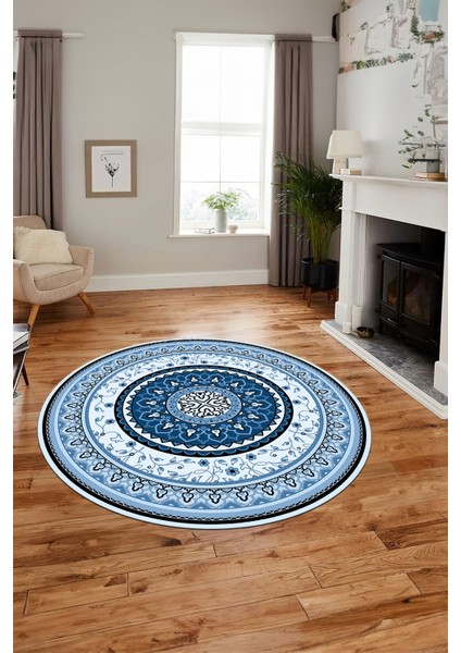 Göbekli Klasik Dijital Kaymaz Taban Yıkanabilir Yuvarlak Mutfak Salon Halısı, Y-Klasik-18-Mavi, indirimleri