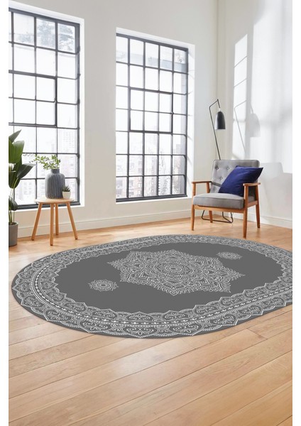 Şık Göbekli Klasik Motifli Dijital Kaymaz Yıkanabilir Oval Yolluk Salon Halısı, O-Klasik-30-Gri, modelleri