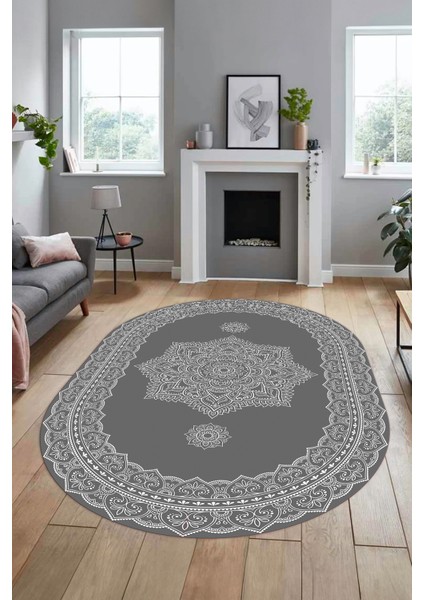 Şık Göbekli Klasik Motifli Dijital Kaymaz Yıkanabilir Oval Yolluk Salon Halısı, O-Klasik-30-Gri, fırsatları