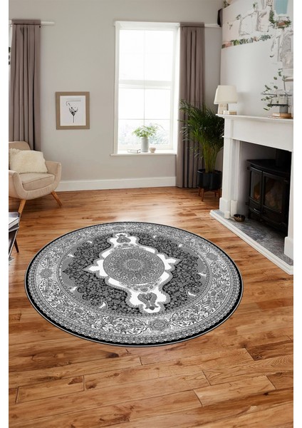 Baskılı Kaymaz Yıkanabilir Çerçeveli Göbekli Klasik Desen Salon Halısı, Y-Klasik-02-Antrasit,