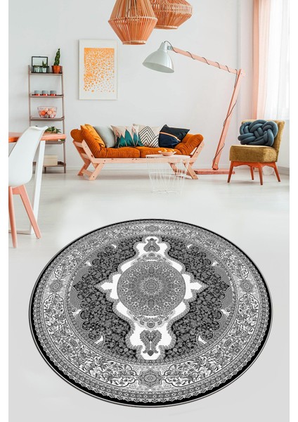 Baskılı Kaymaz Yıkanabilir Çerçeveli Göbekli Klasik Desen Salon Halısı, Y-Klasik-02-Antrasit, fırsatları