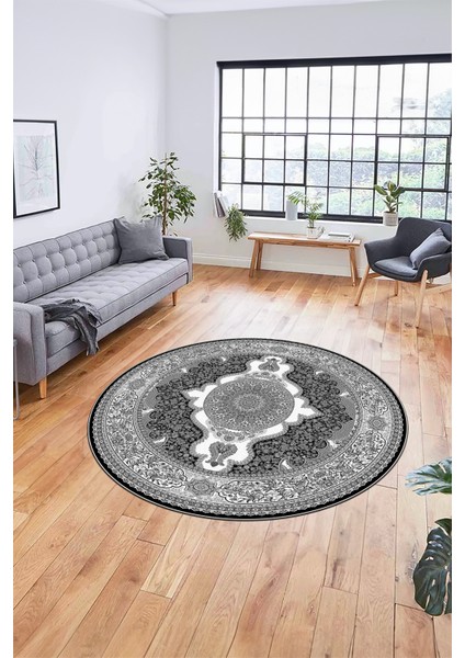 Baskılı Kaymaz Yıkanabilir Çerçeveli Göbekli Klasik Desen Salon Halısı, Y-Klasik-02-Antrasit, indirimleri