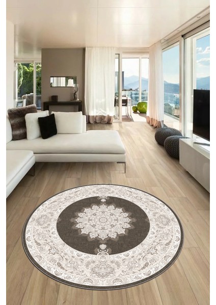 Baskılı Kaymaz Yıkanabilir Göbekli Klasik Desen Yuvarlak Mutfak Salon Halısı, Y-Klasik-03-Kahve,