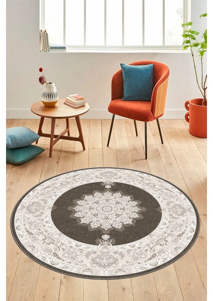 Baskılı Kaymaz Yıkanabilir Göbekli Klasik Desen Yuvarlak Mutfak Salon Halısı, Y-Klasik-03-Kahve,
