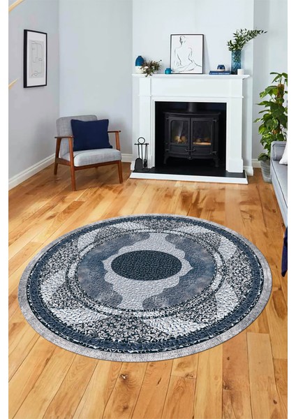 Göbekli Klasik Desenli Dijital Kaymaz Yıkanabilir Yuvarlak Mutfak Salon Halısı, Y-Klasik-24-Mavi,