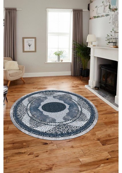 Göbekli Klasik Desenli Dijital Kaymaz Yıkanabilir Yuvarlak Mutfak Salon Halısı, Y-Klasik-24-Mavi, fırsatları