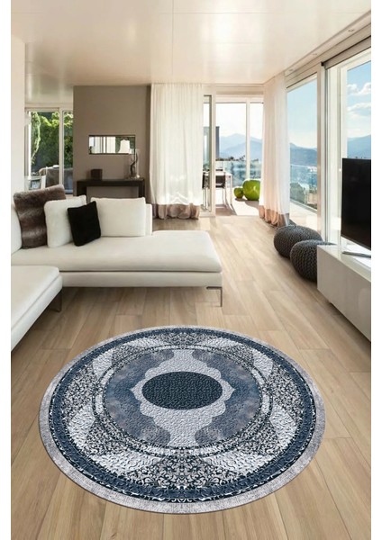Göbekli Klasik Desenli Dijital Kaymaz Yıkanabilir Yuvarlak Mutfak Salon Halısı, Y-Klasik-24-Mavi, indirimleri