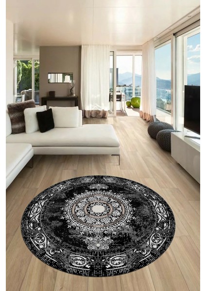 Göbekli Klasik Desen Dijital Kaymaz Yıkanabilir Yuvarlak Mutfak Salon Halısı, Y-Klasik-25-Siyah, fırsatları
