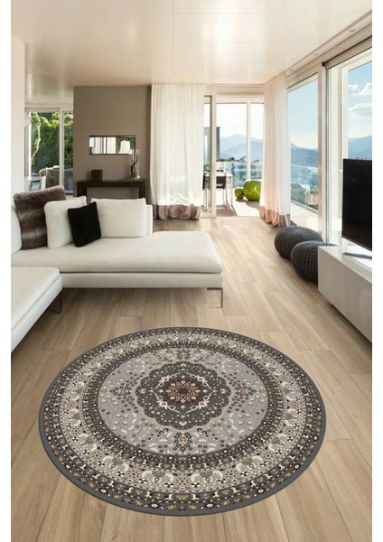 Renkli Klasik Desen Dijital Kaymaz Yıkanabilir Yuvarlak Mutfak Salon Halısı, Y-Klasik-26-Gri,