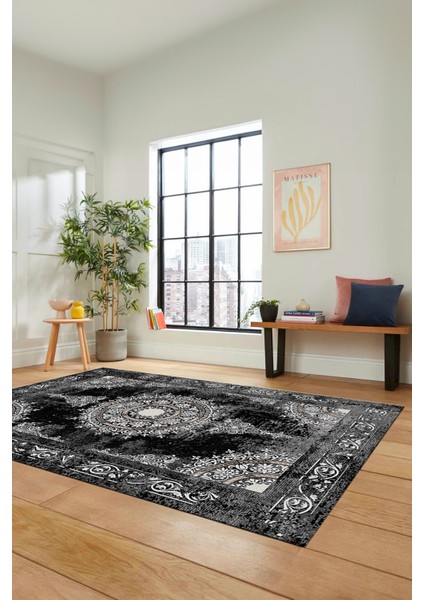 Göbekli Klasik Desen Dijital Kaymaz Yıkanabilir Yolluk Mutfak Salon Halısı, Klasik-25-Siyah, fırsatları