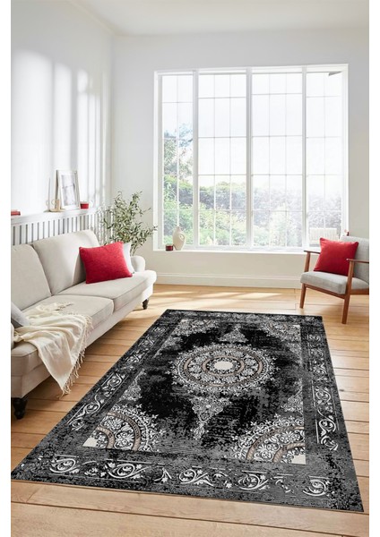 Göbekli Klasik Desen Dijital Kaymaz Yıkanabilir Yolluk Mutfak Salon Halısı, Klasik-25-Siyah, indirimleri
