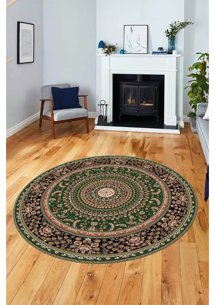 Klasik Desenli Dijital Kaymaz Yıkanabilir Yuvarlak Mutfak Salon Halısı, Y-Klasik-21-Yeşil,