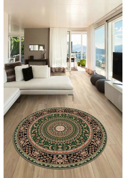 Klasik Desenli Dijital Kaymaz Yıkanabilir Yuvarlak Mutfak Salon Halısı, Y-Klasik-21-Yeşil, indirimleri