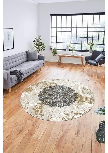 Şık Tasarım Klasik Dijital Kaymaz Taban Yıkanabilir Yuvarlak Salon Halısı, Y-Klasik-19-Kahve,