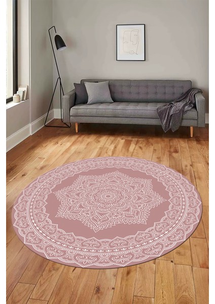 Şık Göbekli Klasik Motif Dijital Kaymaz Yıkanabilir Yuvarlak Mutfak Salon Halısı, Y-Klasik-30-Pembe,