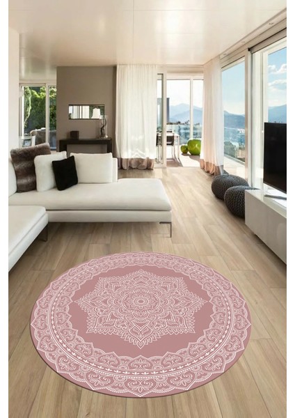 Şık Göbekli Klasik Motif Dijital Kaymaz Yıkanabilir Yuvarlak Mutfak Salon Halısı, Y-Klasik-30-Pembe, modelleri