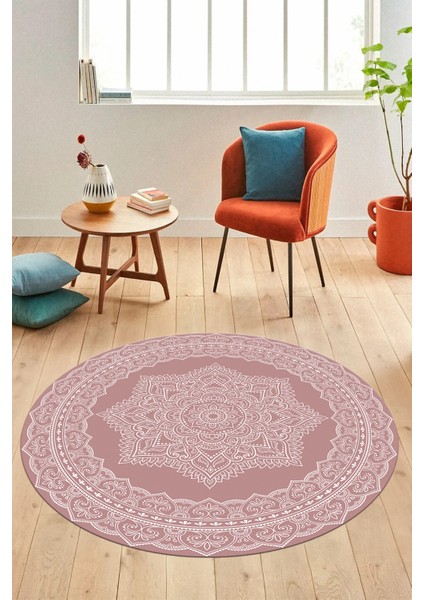 Şık Göbekli Klasik Motif Dijital Kaymaz Yıkanabilir Yuvarlak Mutfak Salon Halısı, Y-Klasik-30-Pembe, fırsatları