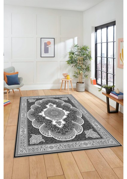 Dijital Kaymaz Yıkanabilir Çerçeveli Göbekli Klasik Desen Salon Halısı, Klasik-02-Antrasit,