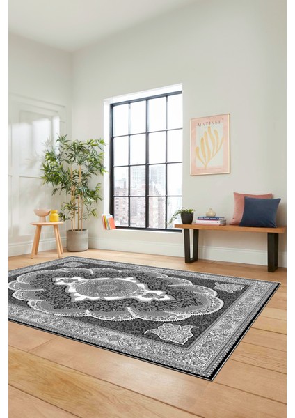 Dijital Kaymaz Yıkanabilir Çerçeveli Göbekli Klasik Desen Salon Halısı, Klasik-02-Antrasit, fiyatları