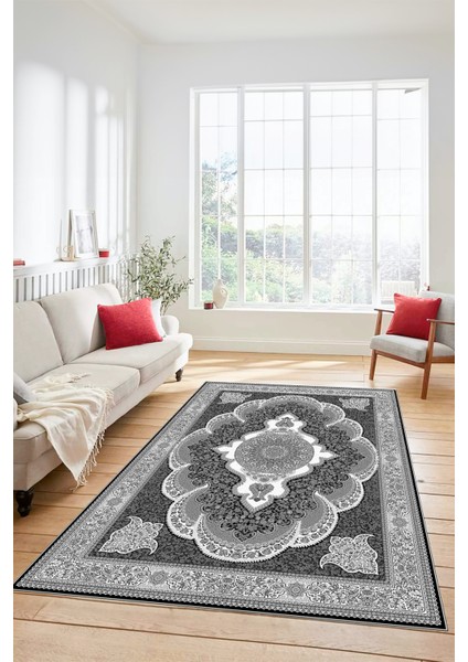 Dijital Kaymaz Yıkanabilir Çerçeveli Göbekli Klasik Desen Salon Halısı, Klasik-02-Antrasit, modelleri