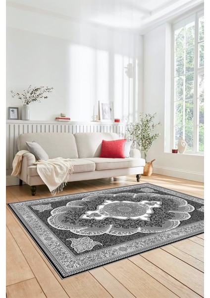 Dijital Kaymaz Yıkanabilir Çerçeveli Göbekli Klasik Desen Salon Halısı, Klasik-02-Antrasit, fırsatları